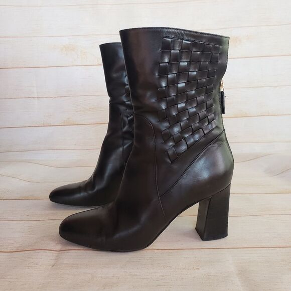 Bellofatto Leather Woven Detail Almond Toe Heeled Boots Booties Black Size 38